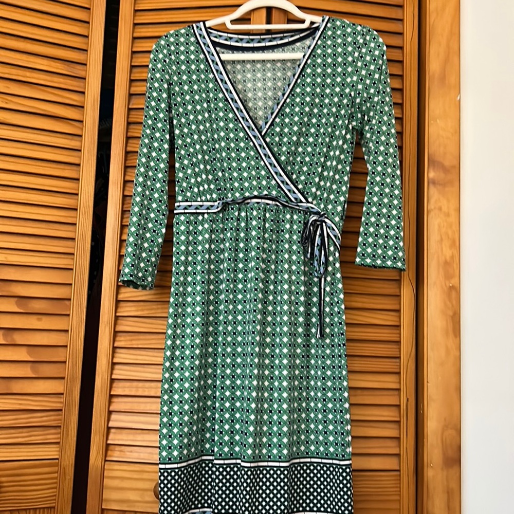 Green patterned faux wrap dress